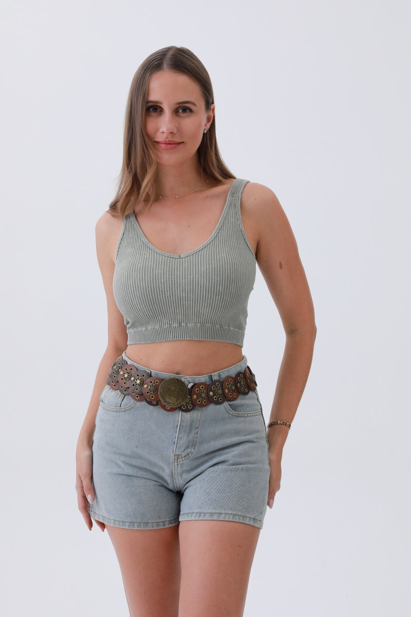 Rustic Dual-Tone Western Belt – Distressed Disc Buckle🤠✨