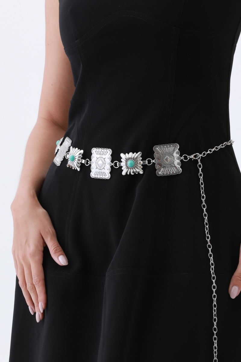 Turquoise Square Chain Belt – Vintage Western Geometric Design🤠💎