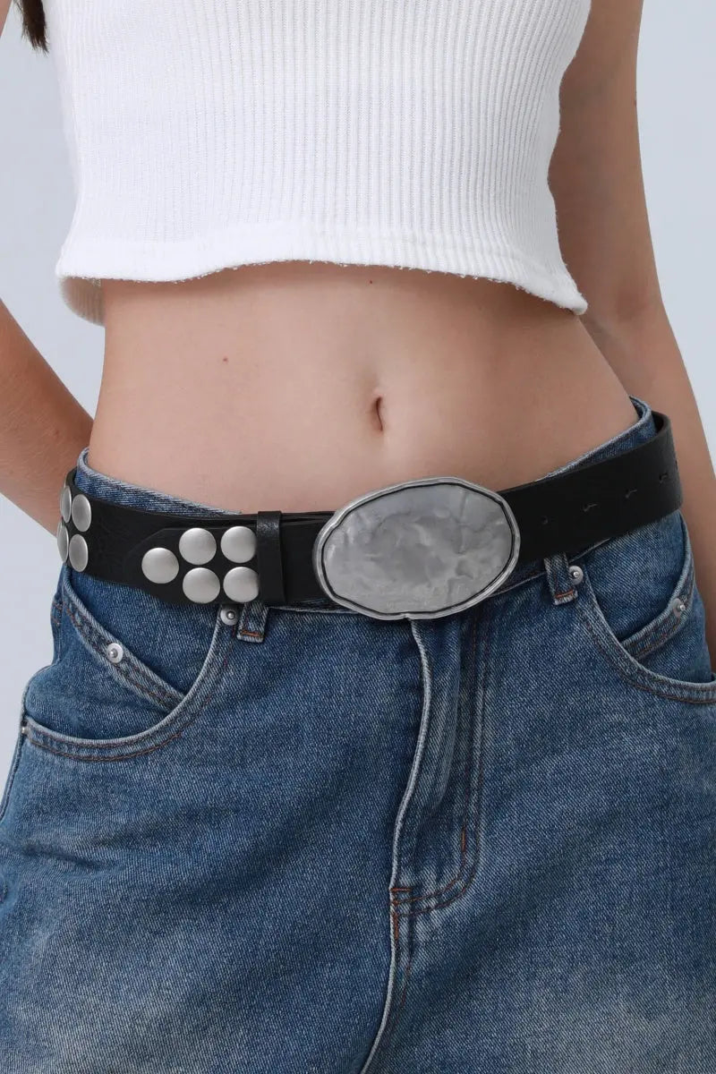 Bold Oval Buckle Belt – Studded Statement Piece – Boho  display picture 1