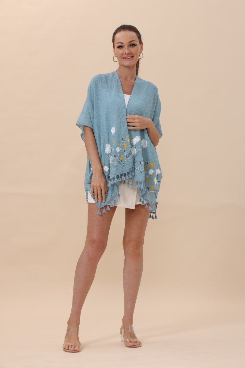 Floral Embroidered Tassel Hem Kimono Cardigan