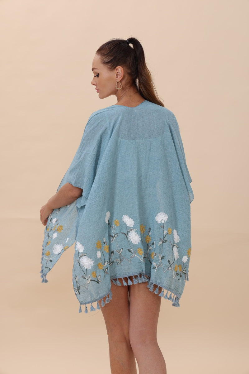 Floral Embroidered Tassel Hem Kimono Cardigan
