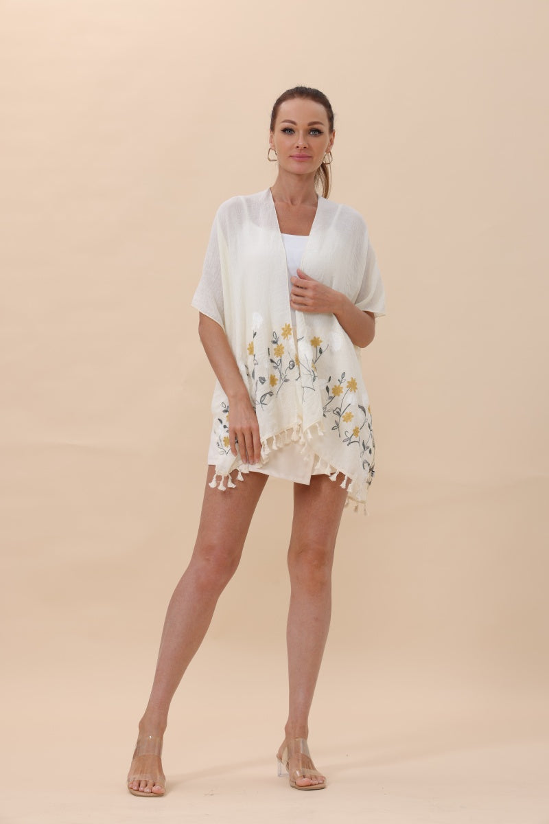Floral Embroidered Tassel Hem Kimono Cardigan