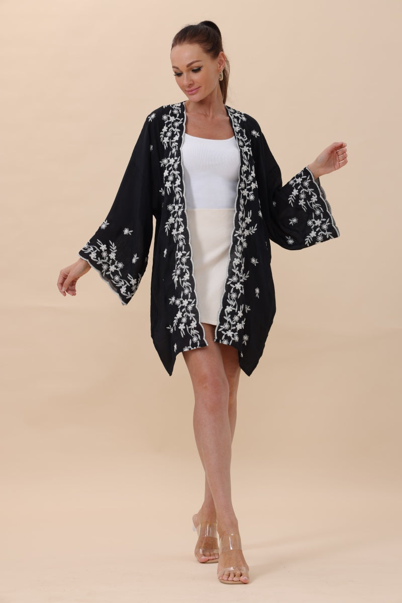 Floral Embroidered Open Front Kimono Cardigan – Lightweight