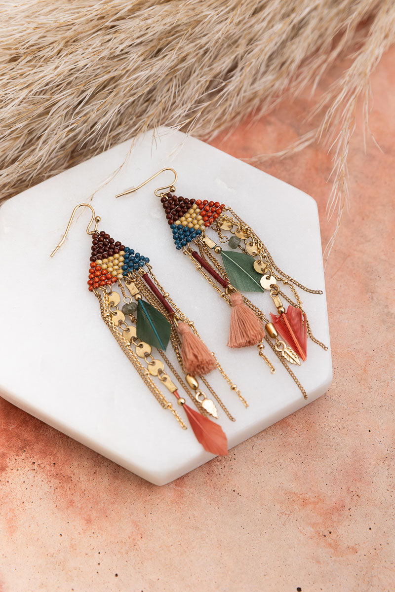Boho Dreams Beads Feathers Cascade Earrings – Boho Clothing and