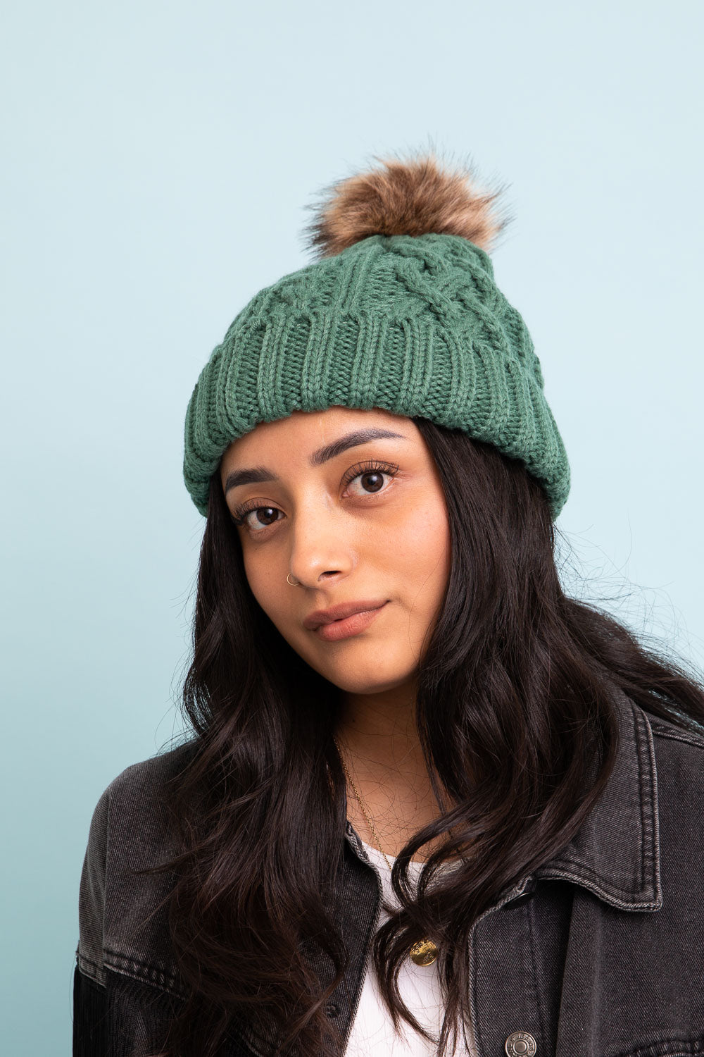 Cable Knit Beanie with Faux Fur Pom - Main Image