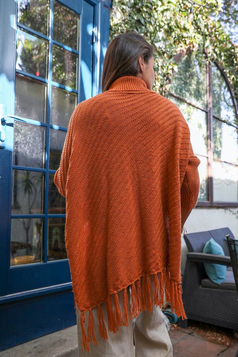 Leto Accessories Cable Knit Poncho with Tassels
