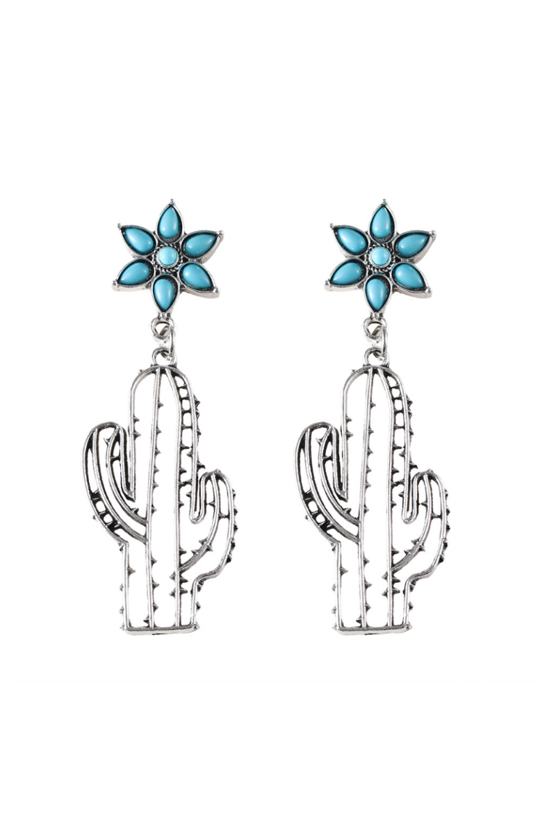 Boho Western Earrings – Turquoise Flower &amp; Openwork Cactus 🌵💎