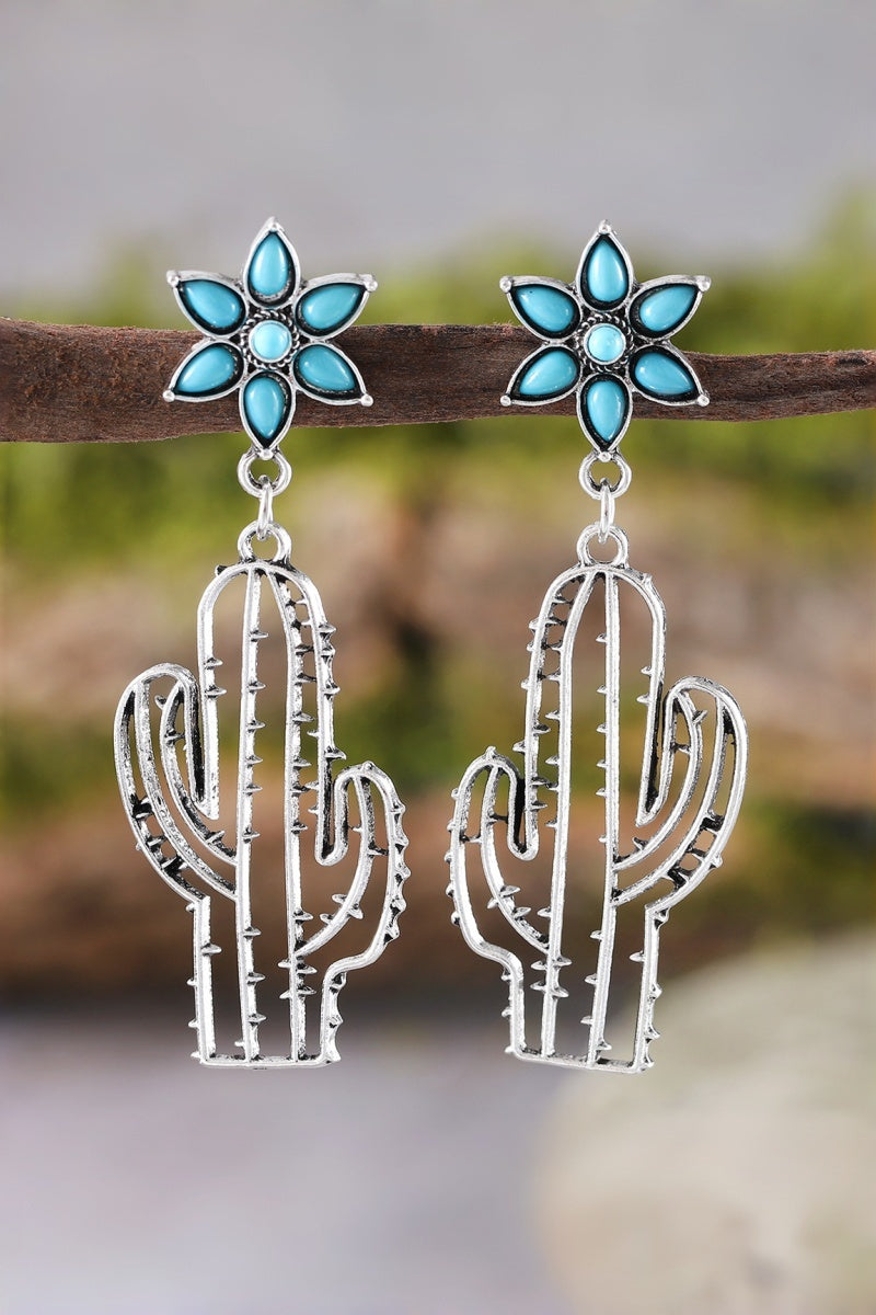 Boho Western Earrings – Turquoise Flower &amp; Openwork Cactus 🌵💎