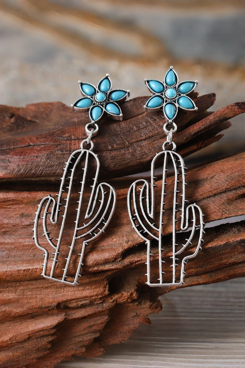 Boho Western Earrings – Turquoise Flower &amp; Openwork Cactus 🌵💎