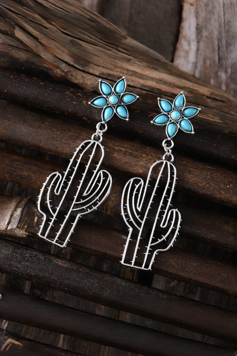Boho Western Earrings – Turquoise Flower &amp; Openwork Cactus 🌵💎
