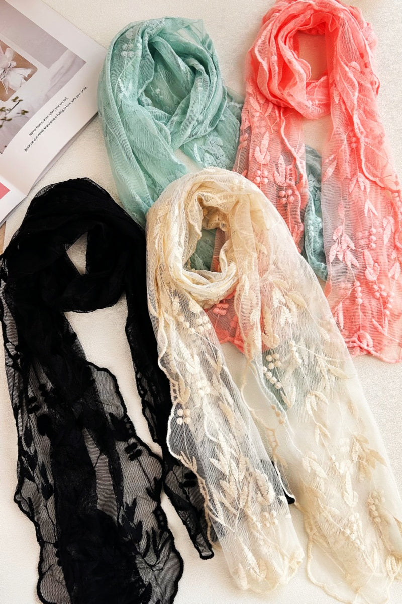 Delicate Mesh Embroidered Oblong Scarf – Sheer &amp; Airy Lightweight Wrap 🌬️