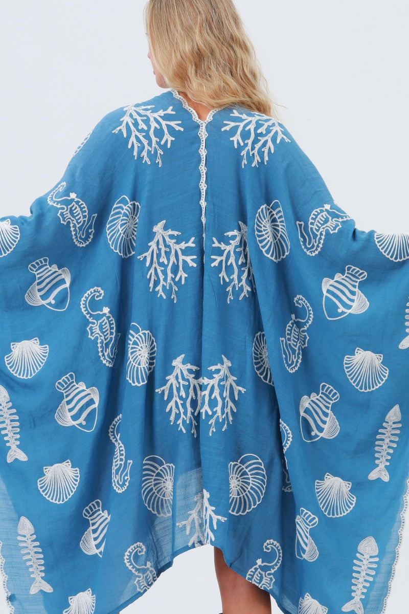 Seahorse Coral Seashell Embroidered Kimono – Ocean Breeze Cover-Up 🌊🐚