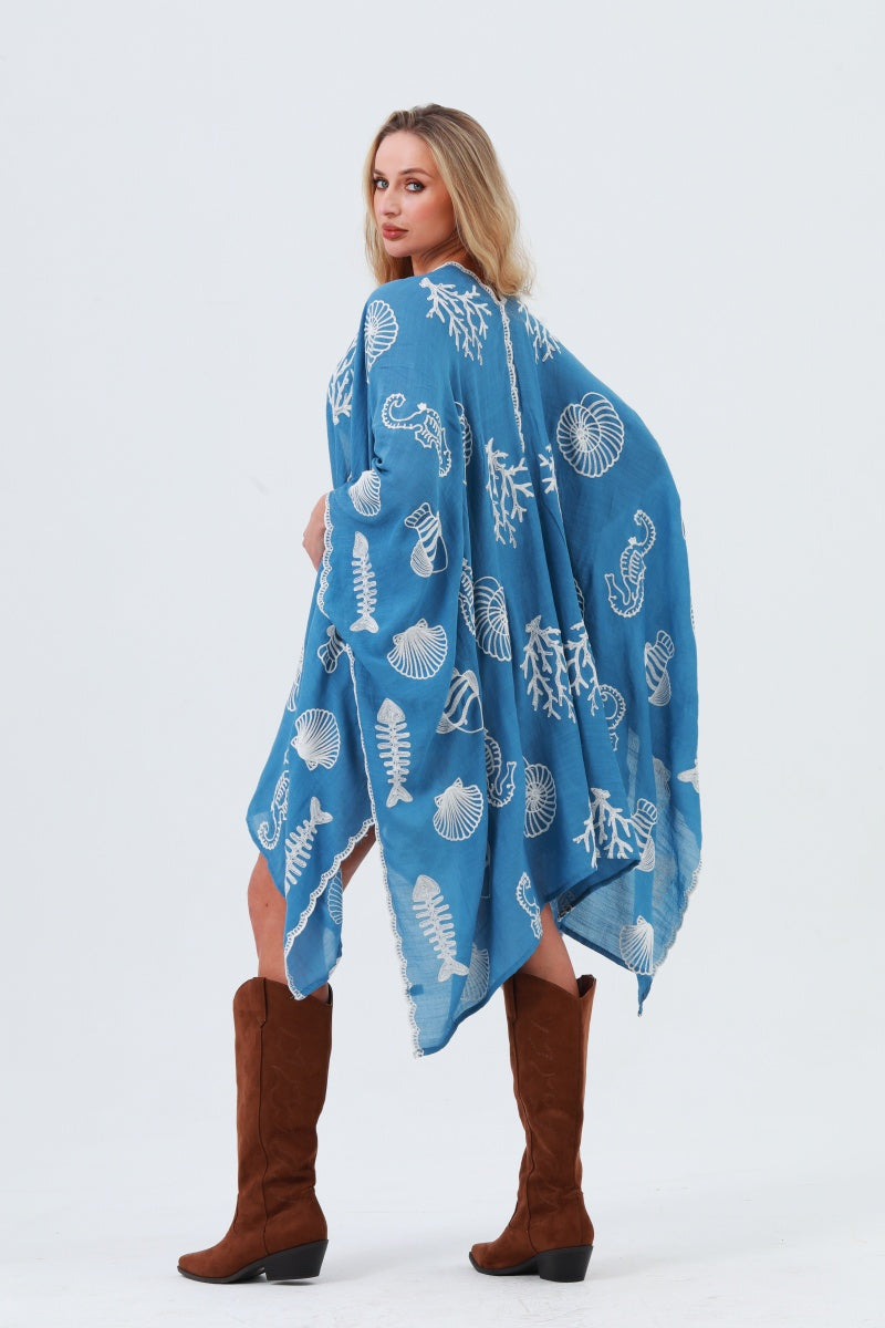 Seahorse Coral Seashell Embroidered Kimono – Ocean Breeze Cover-Up 🌊🐚