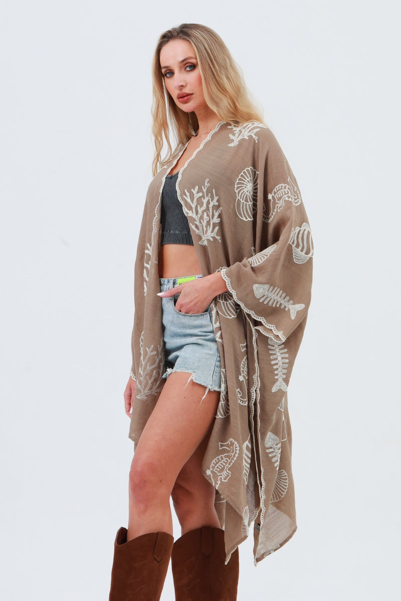 Seahorse Coral Seashell Embroidered Kimono – Ocean Breeze Cover-Up 🌊🐚