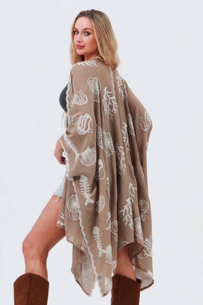 Seahorse Coral Seashell Embroidered Kimono – Ocean Breeze Cover-Up 🌊🐚