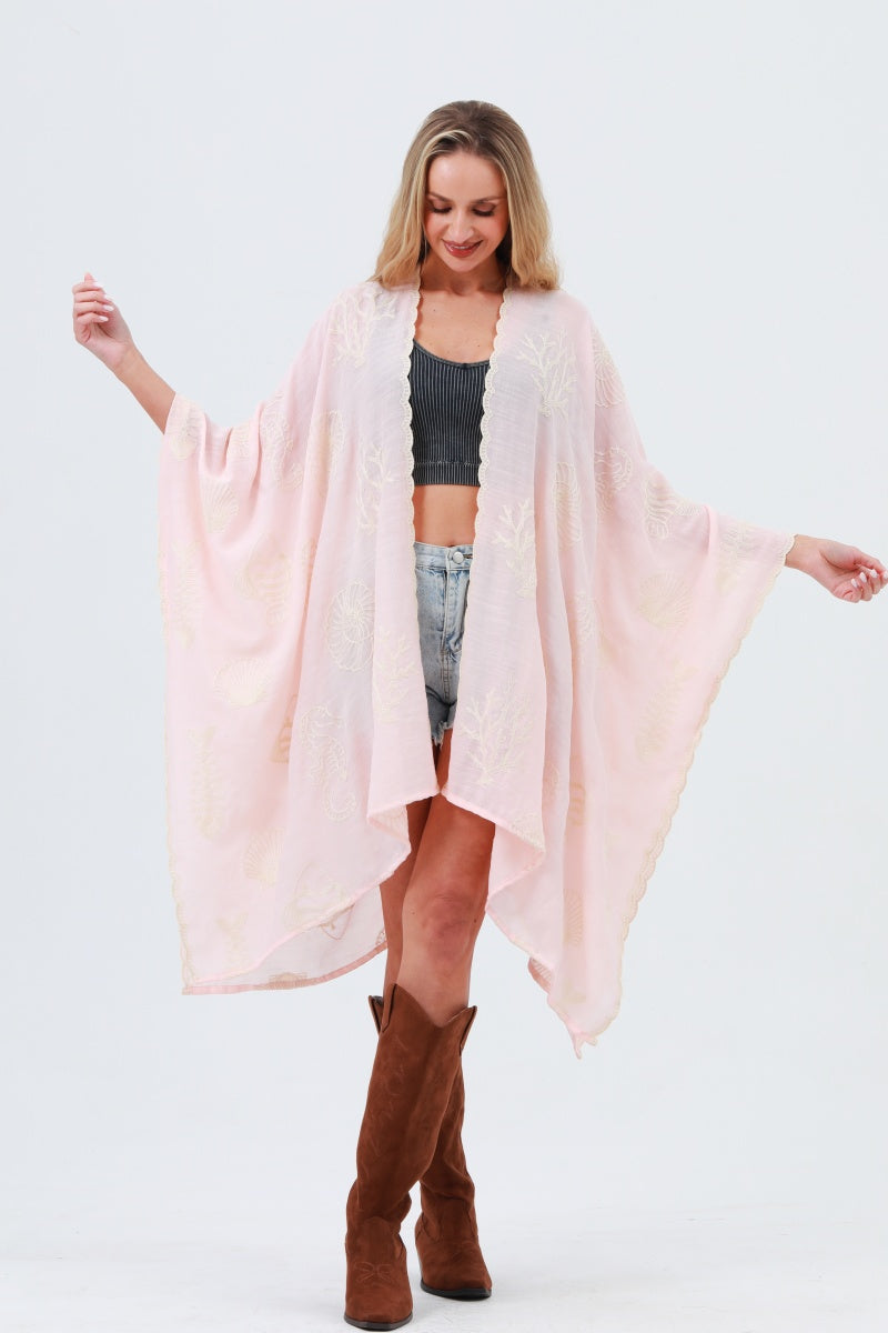 Seahorse Coral Seashell Embroidered Kimono – Ocean Breeze Cover-Up 🌊🐚