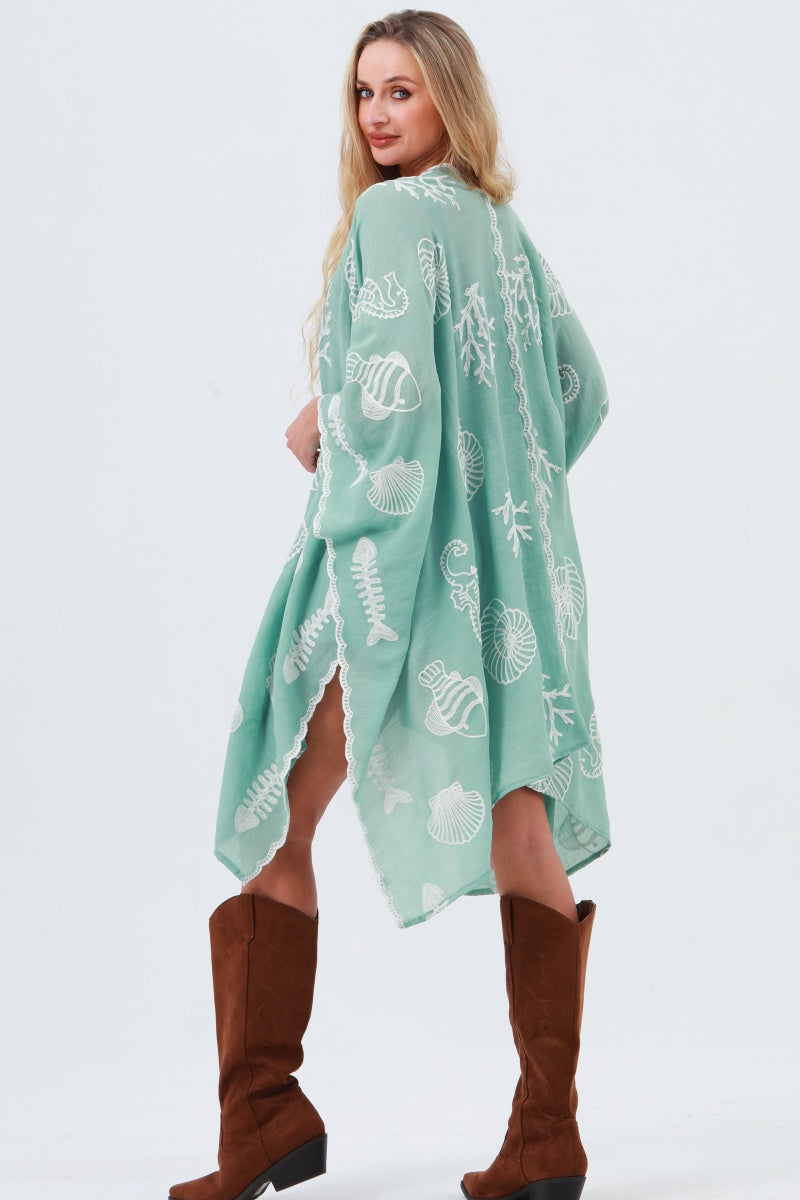 Seahorse Coral Seashell Embroidered Kimono – Ocean Breeze Cover-Up 🌊🐚