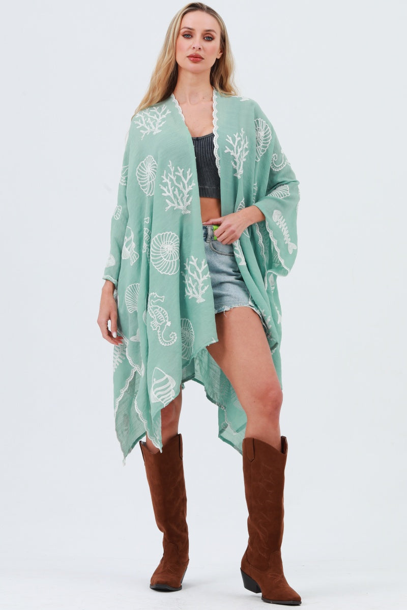 Seahorse Coral Seashell Embroidered Kimono – Ocean Breeze Cover-Up 🌊🐚