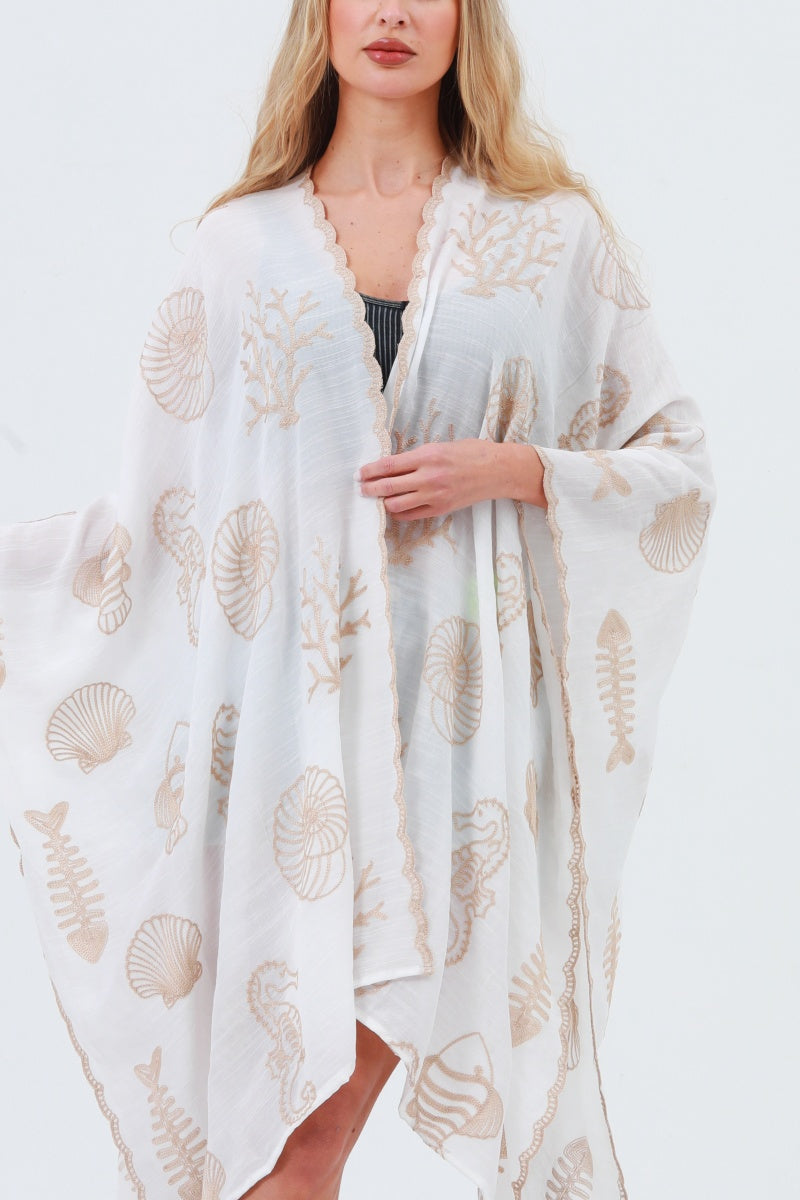 Seahorse Coral Seashell Embroidered Kimono – Ocean Breeze Cover-Up 🌊🐚
