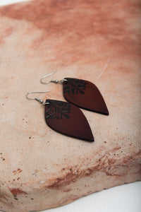 Engraved Leaf Leather Earrings Jewelry Brown