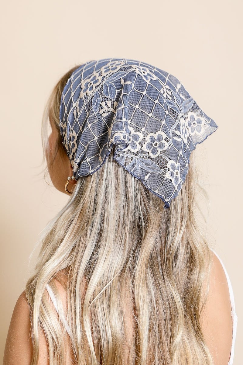 Bohemian Floral Lace Headscarf Hats &amp; Hair Denim Blue