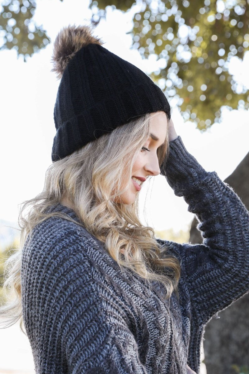 STRIPED POM BALL RIBBED BEANIE RED/BLACK — Hats N Stuff