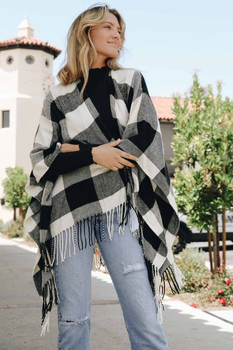 Leto Accessories Cable Knit Poncho with Tassels