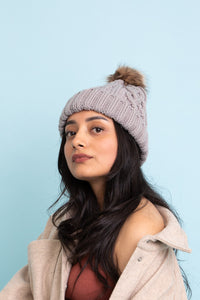 Cable Knit Beanie with Faux Fur Pom Beanies