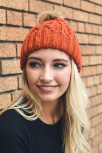 Cable Knit Beanie with Faux Fur Pom Beanies