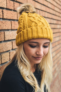Cable Knit Beanie with Faux Fur Pom Beanies Mustard