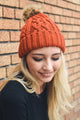 Cable Knit Beanie with Faux Fur Pom Beanies Rust