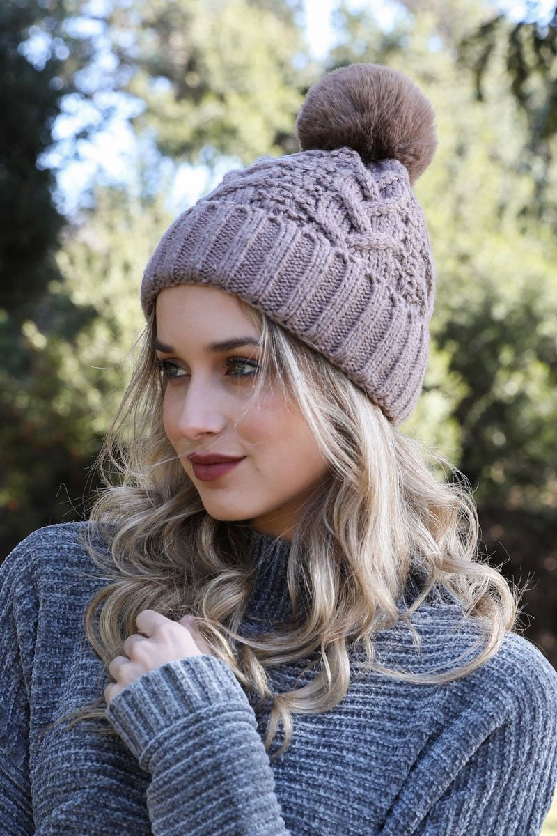 Cable Knit Pom Beanie Hats &amp; Hair Gray