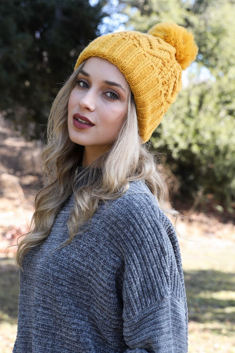 Cable Knit Pom Beanie Hats &amp; Hair Mustard