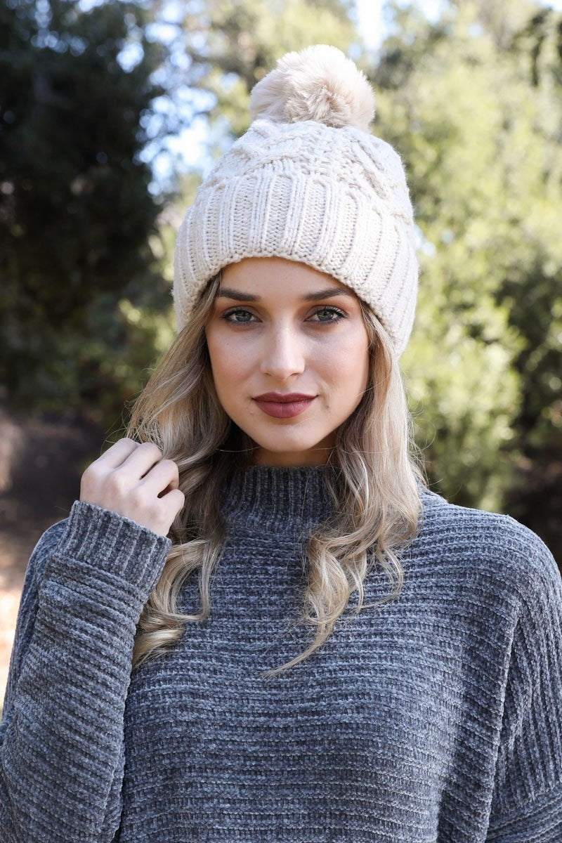 Cable Knit Pom Beanie Hats &amp; Hair Off White