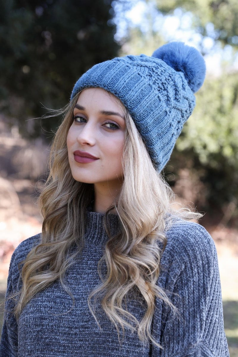 Cable Knit Pom Beanie Hats &amp; Hair Prussian Blue