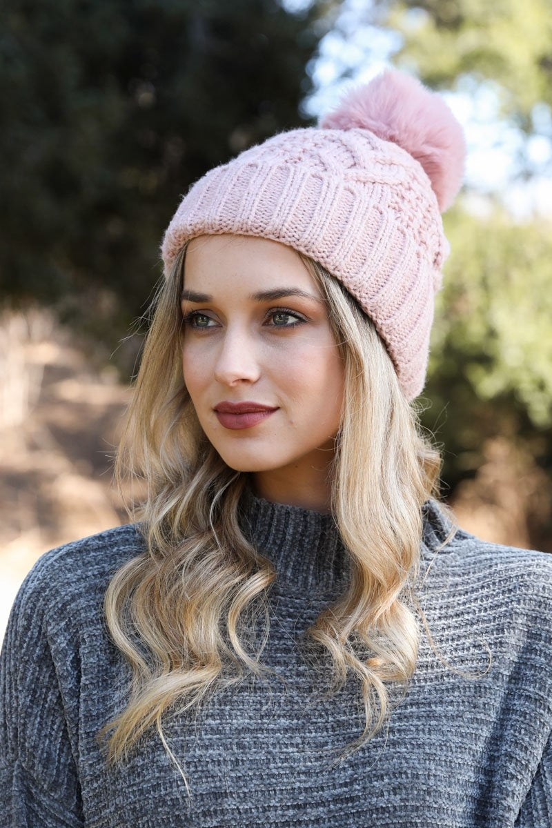 Cable Knit Pom Beanie Hats &amp; Hair Puff Pink
