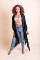 Frayed Trim Kimono Ponchos Black