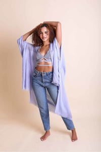 Frayed Trim Kimono Ponchos Periwinkle