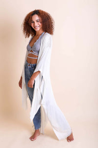 Frayed Trim Kimono Ponchos White