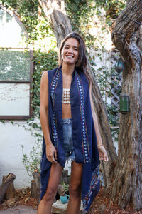 Geometric Embroidered Sleeveless Kimono Navy