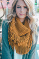 Pointelle Fringe Infinity Scarves Mustard