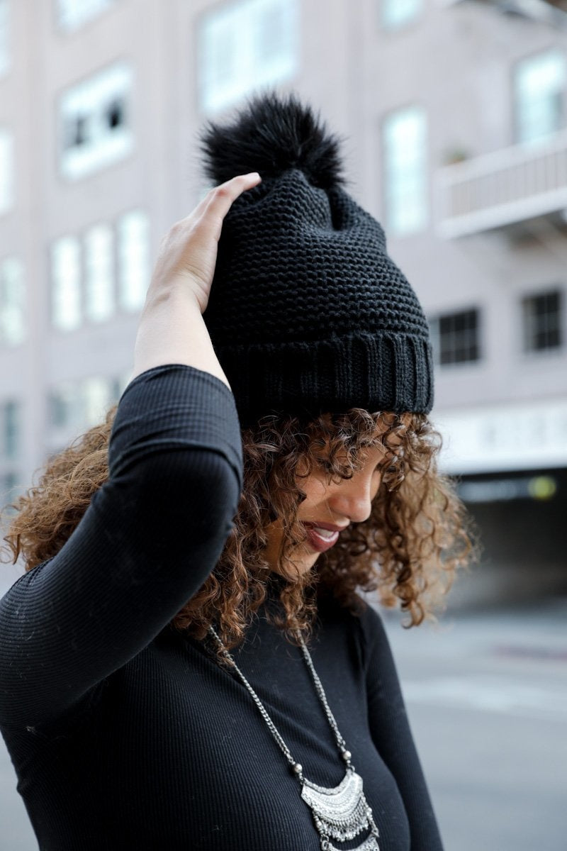 Pom Beanie with Faux Sherpa Lining Hats &amp; Hair