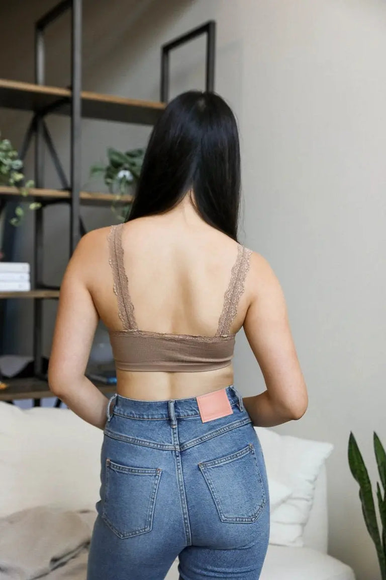 Leto Ribbed Lace Boho Racerback Bralette in Straw main image 0