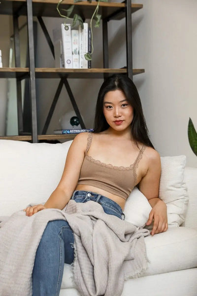Leto Ribbed Lace Boho Racerback Bralette in Straw main image 1