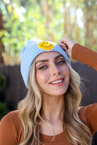 Smiley Face Ribbed Beanie Beanies Light Blue