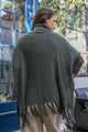 Turtleneck Sleeved Knit Frayed Poncho Ponchos